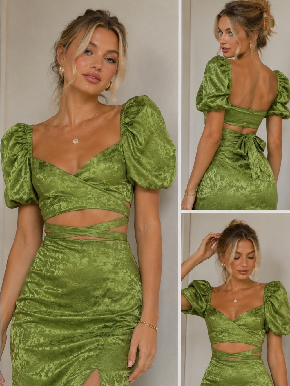Ronny Kobo Zano Green Satin Criss-Cross Crop Top Size Medium 39031
